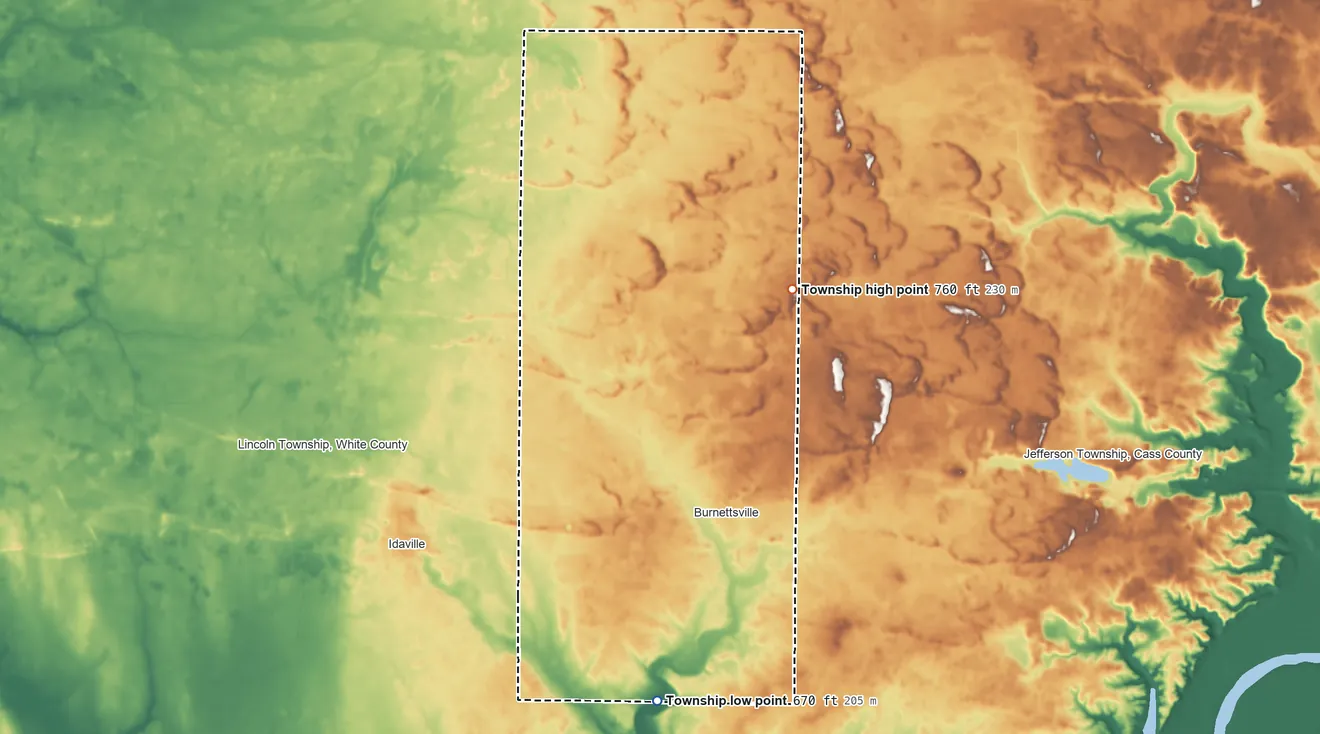 Topographic elevation map of Jackson Township, White County, Indiana, shaded from 670 ft on the south side to 760 ft on the northeast side