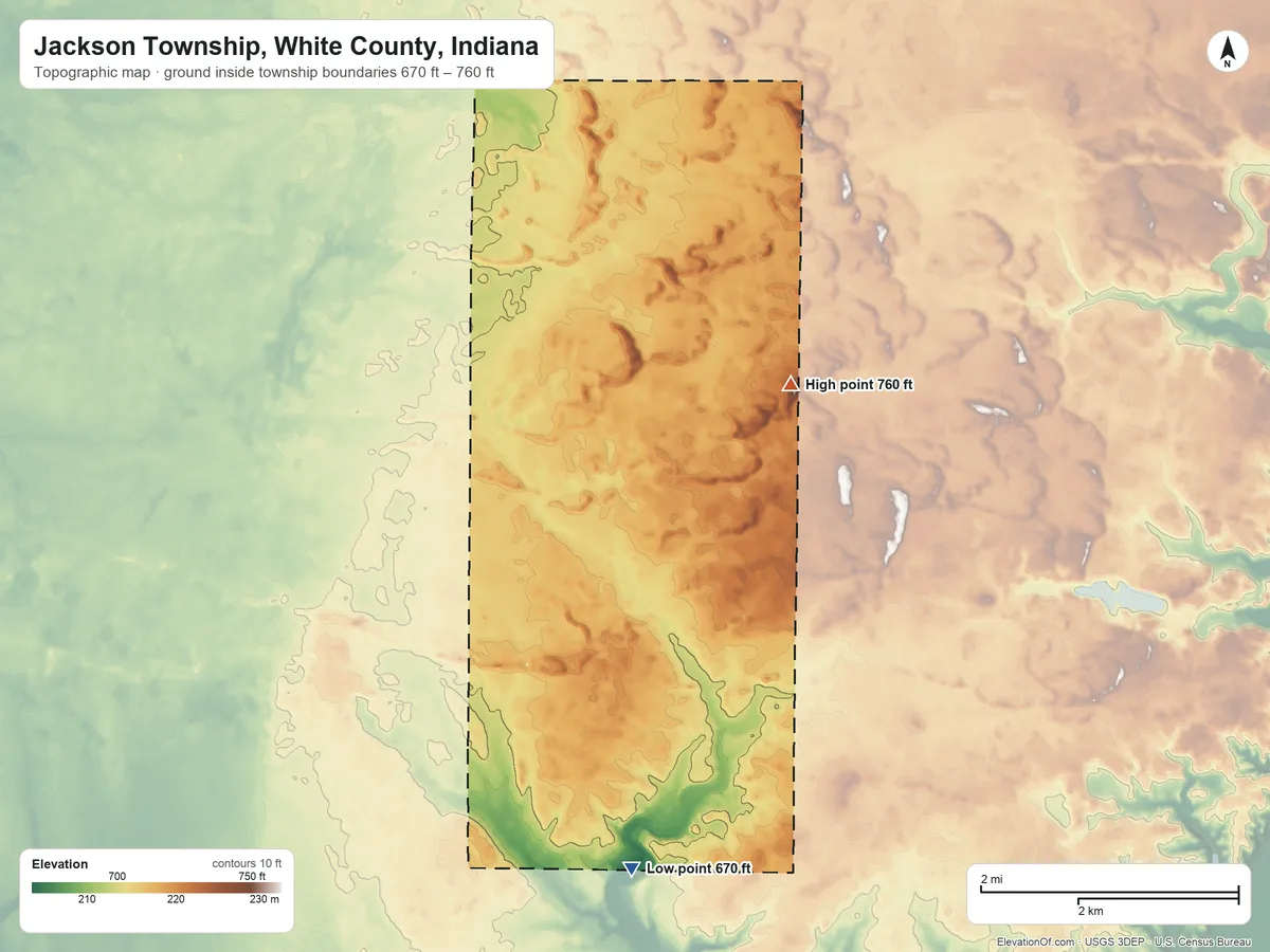 Topographic elevation map of Jackson Township, White County, Indiana, shaded from 670 ft on the south side to 760 ft on the northeast side