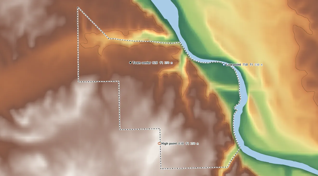 Topographic elevation map of Jalapa, Indiana, shaded from 750 ft on the east side to 830 ft on the south side