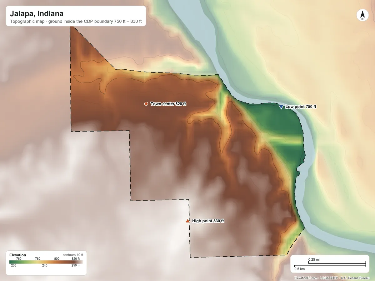 Topographic elevation map of Jalapa, Indiana, shaded from 750 ft on the east side to 830 ft on the south side
