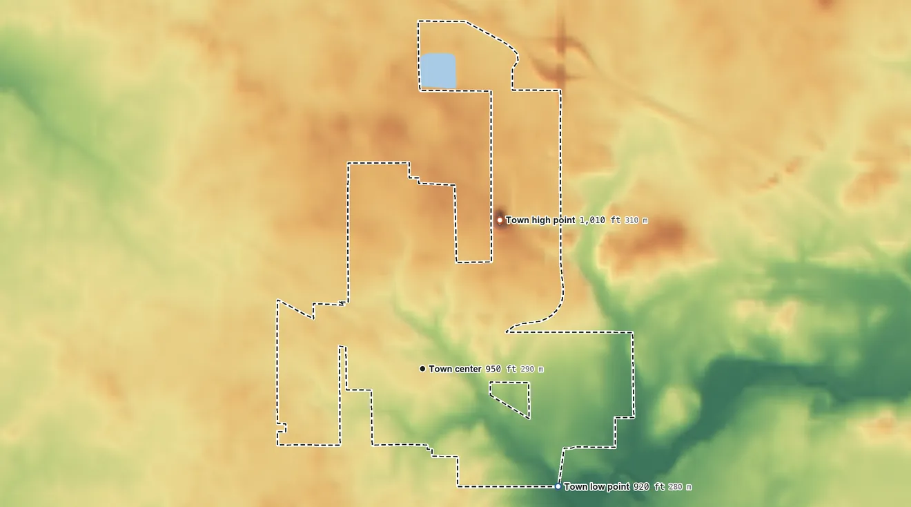Topographic elevation map of Jamestown, Indiana, shaded from 920 ft on the southeast side to 1,010 ft on the northeast side
