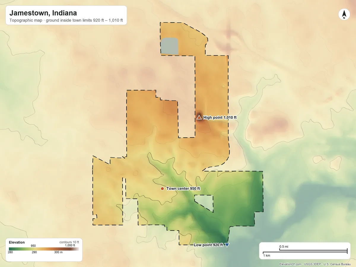 Topographic elevation map of Jamestown, Indiana, shaded from 920 ft on the southeast side to 1,010 ft on the northeast side