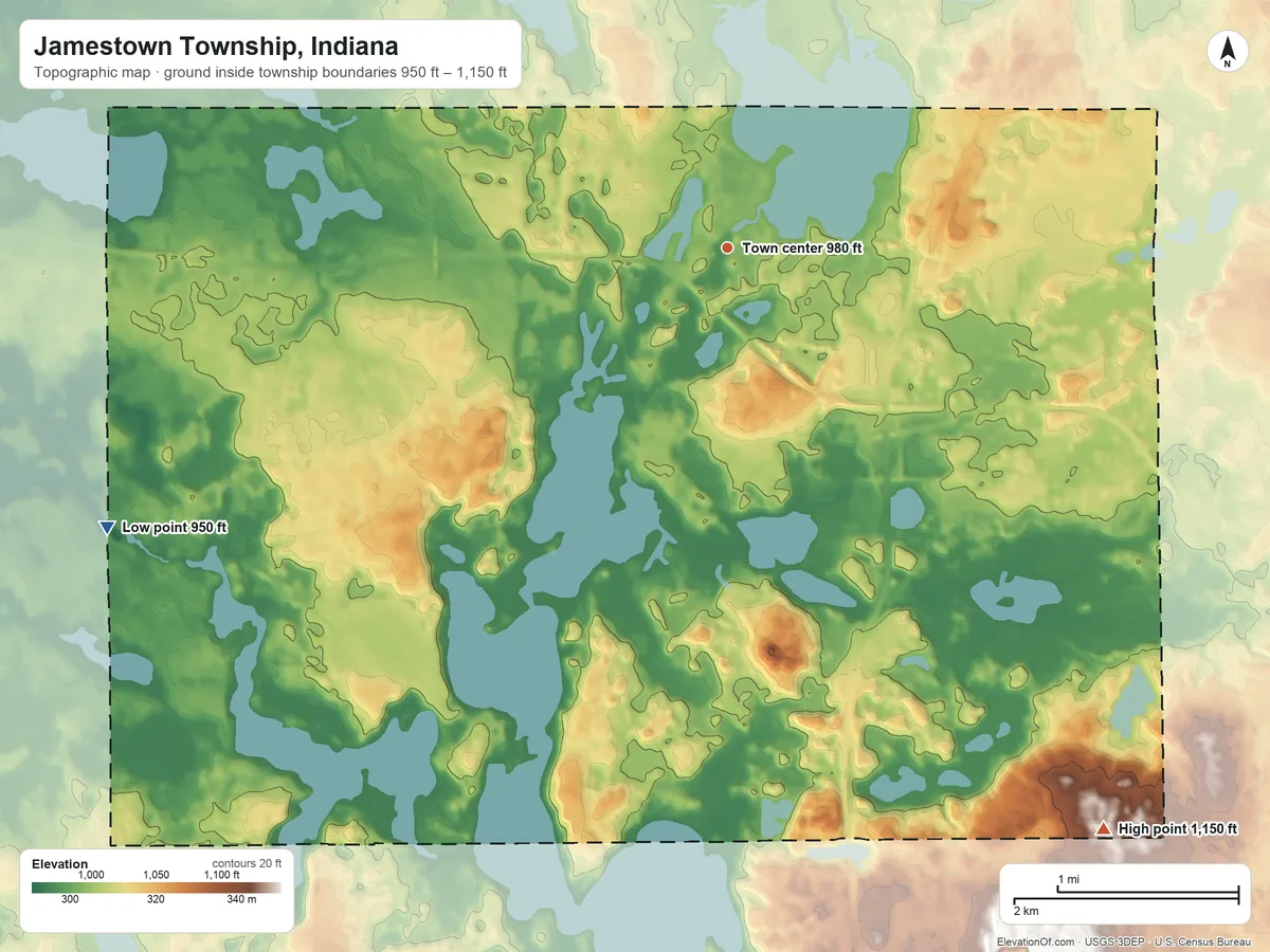 Topographic elevation map of Jamestown Township, Indiana, shaded from 950 ft on the southwest side to 1,150 ft on the southeast side