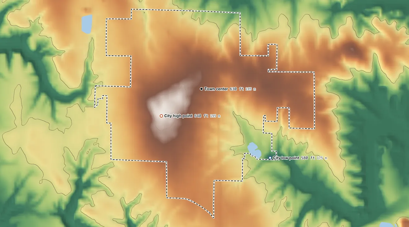 Topographic elevation map of Jasonville, Indiana, shaded from 580 ft on the southeast side to 640 ft on the southwest side