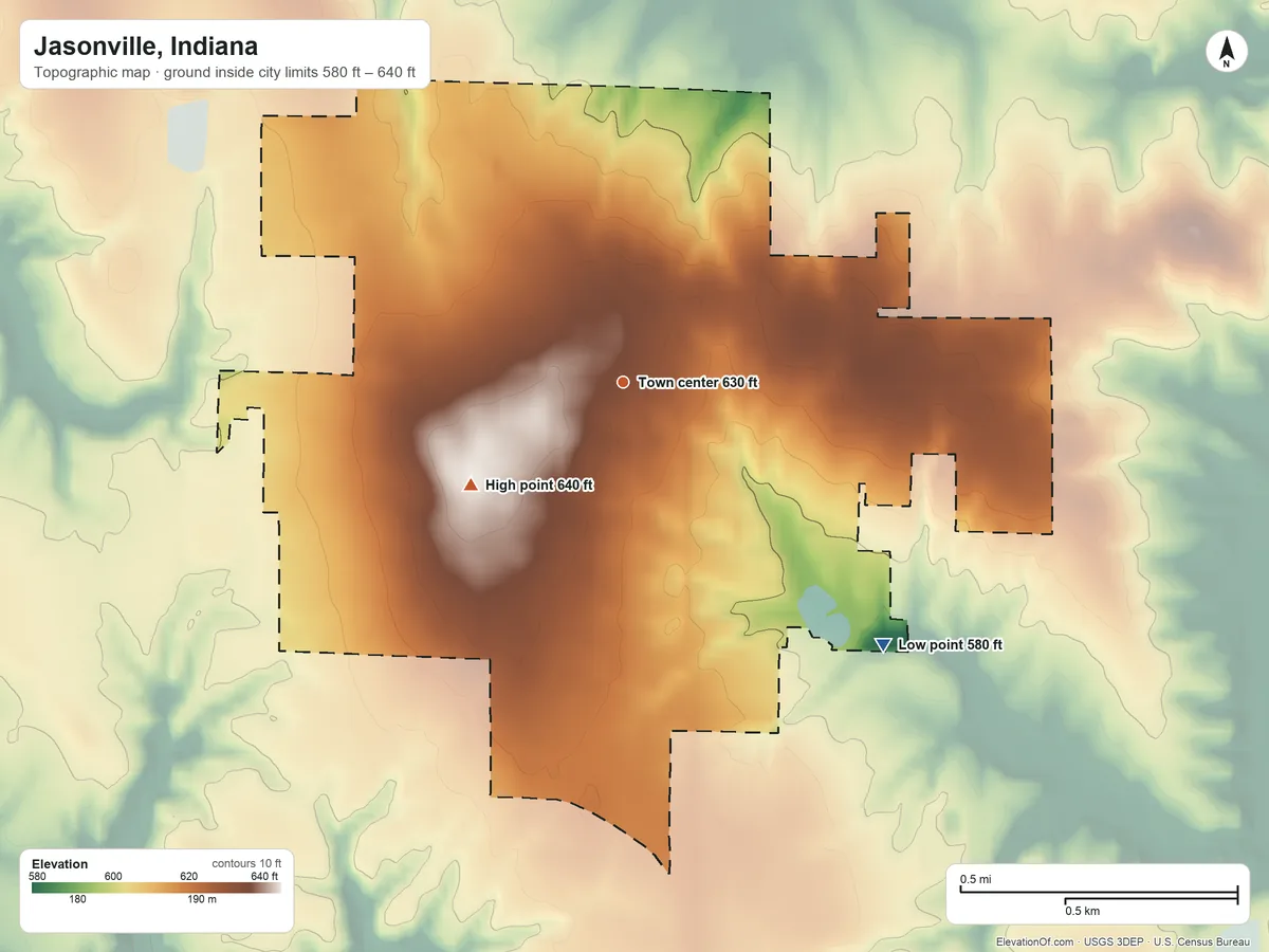 Topographic elevation map of Jasonville, Indiana, shaded from 580 ft on the southeast side to 640 ft on the southwest side