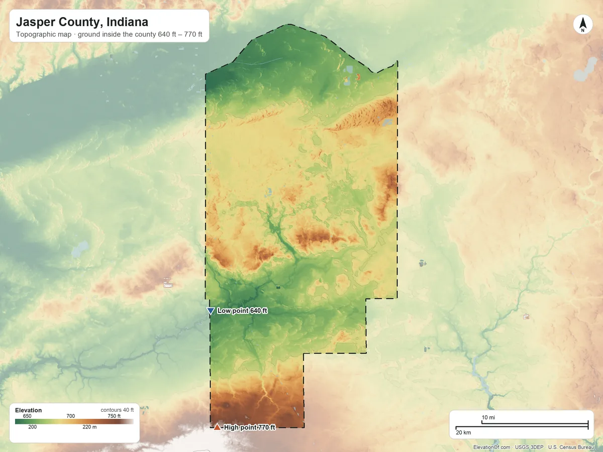 Topographic elevation map of Jasper County, Indiana, shaded from 640 ft on the southwest side to 770 ft on the southwest side