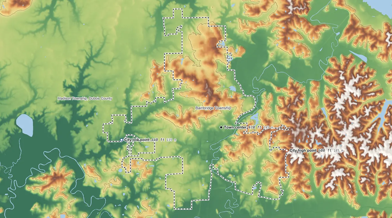 Topographic elevation map of Jasper, Indiana, shaded from 440 ft on the west side to 600 ft on the east side