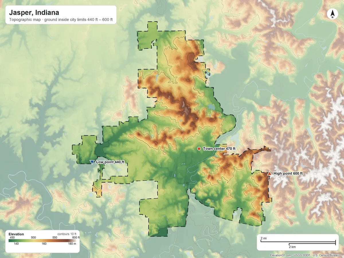 Topographic elevation map of Jasper, Indiana, shaded from 440 ft on the west side to 600 ft on the east side