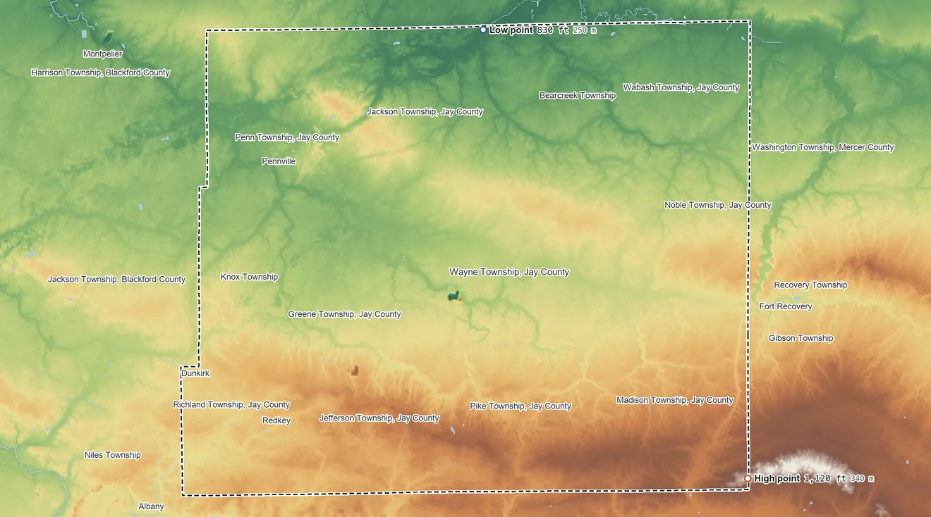 Topographic elevation map of Jay County, Indiana, shaded from 830 ft on the north side to 1,120 ft on the southeast side