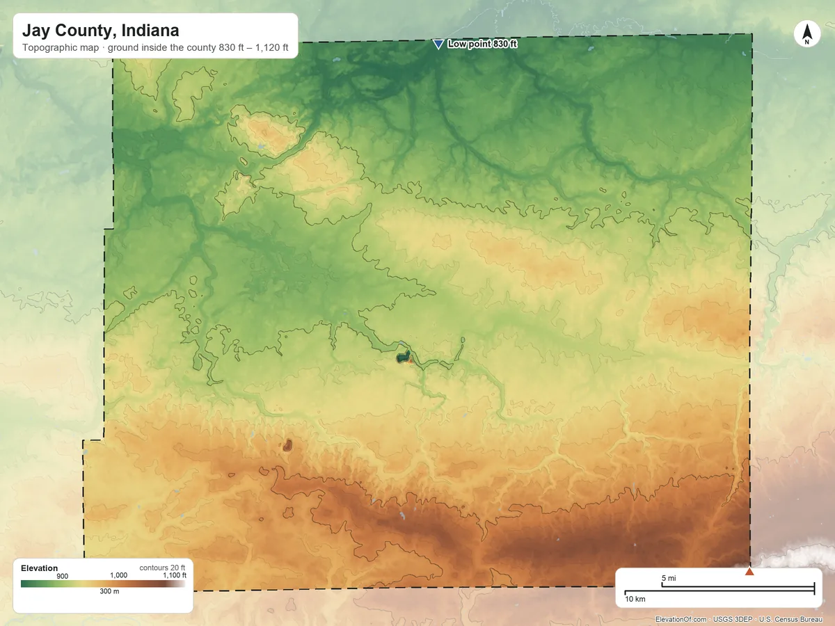 Topographic elevation map of Jay County, Indiana, shaded from 830 ft on the north side to 1,120 ft on the southeast side