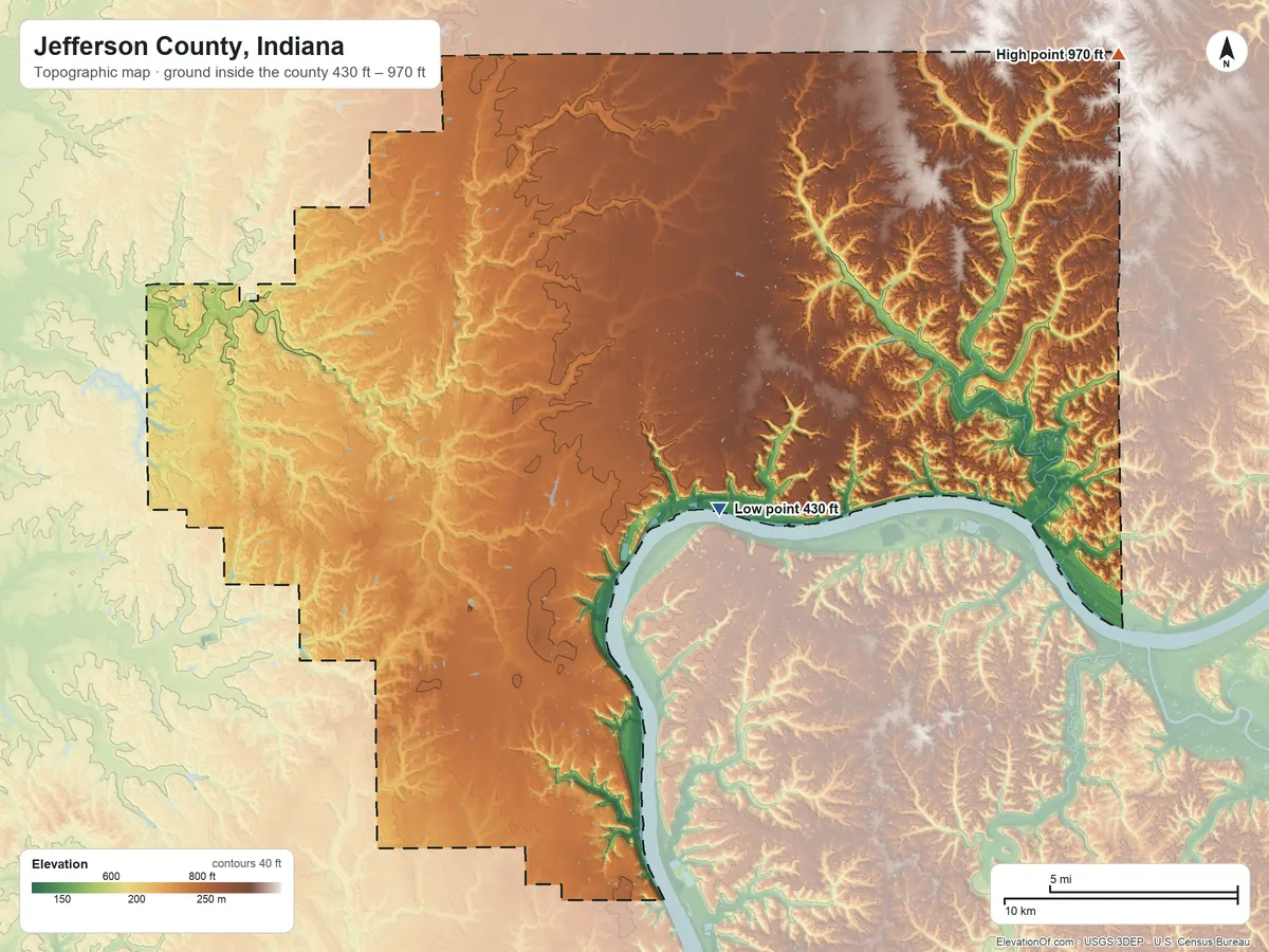 Topographic elevation map of Jefferson County, Indiana, shaded from 430 ft near the middle to 970 ft on the northeast side