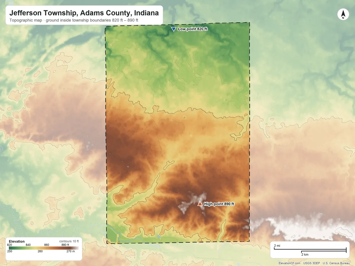 Topographic elevation map of Jefferson Township, Adams County, Indiana, shaded from 820 ft on the north side to 890 ft on the southeast side