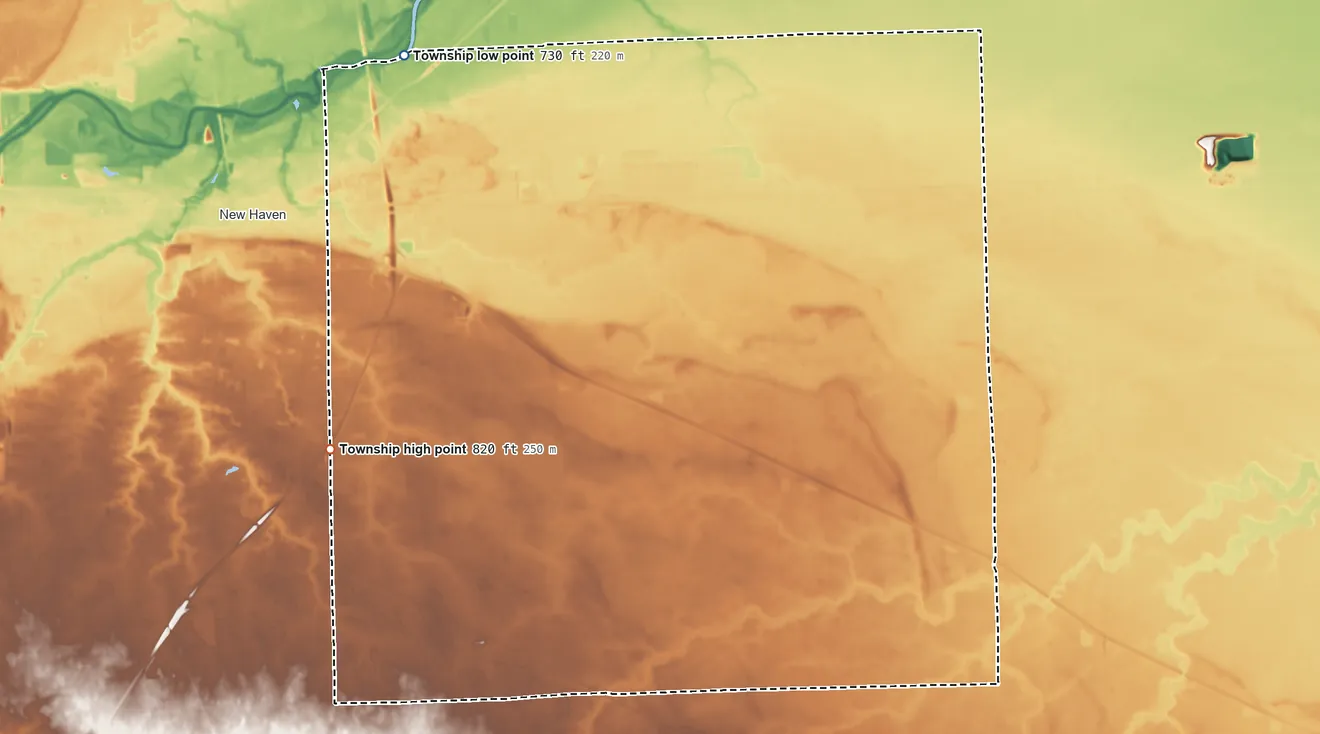 Topographic elevation map of Jefferson Township, Allen County, Indiana, shaded from 730 ft on the northwest side to 820 ft on the west side
