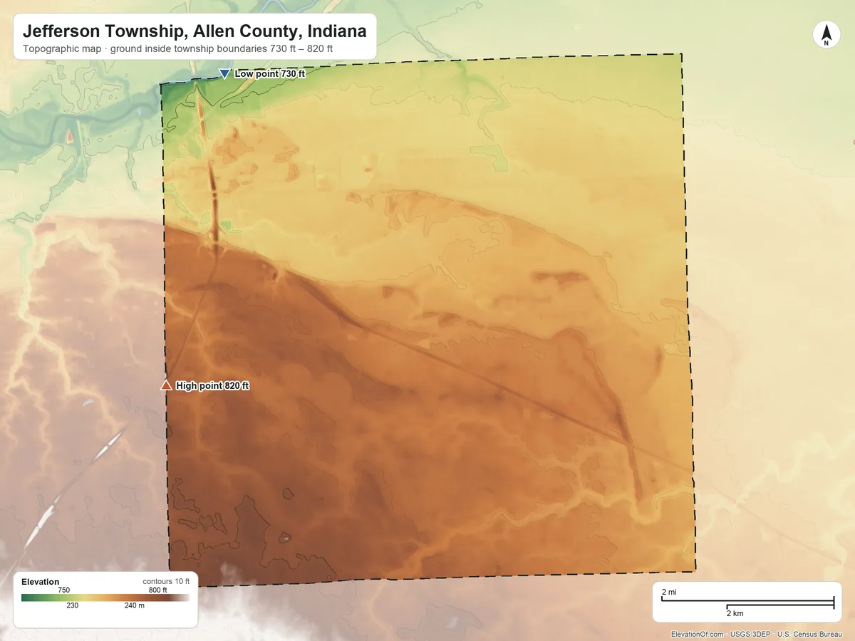 Topographic elevation map of Jefferson Township, Allen County, Indiana, shaded from 730 ft on the northwest side to 820 ft on the west side
