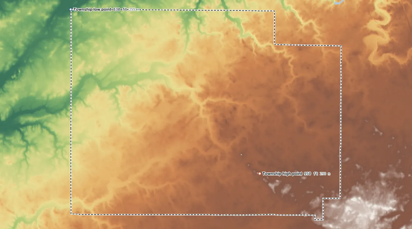 Topographic elevation map of Jefferson Township, Boone County, Indiana, shaded from 830 ft on the northwest side to 950 ft on the southeast side