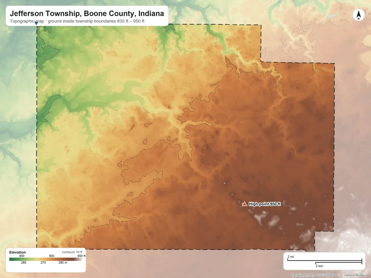 Topographic elevation map of Jefferson Township, Boone County, Indiana, shaded from 830 ft on the northwest side to 950 ft on the southeast side