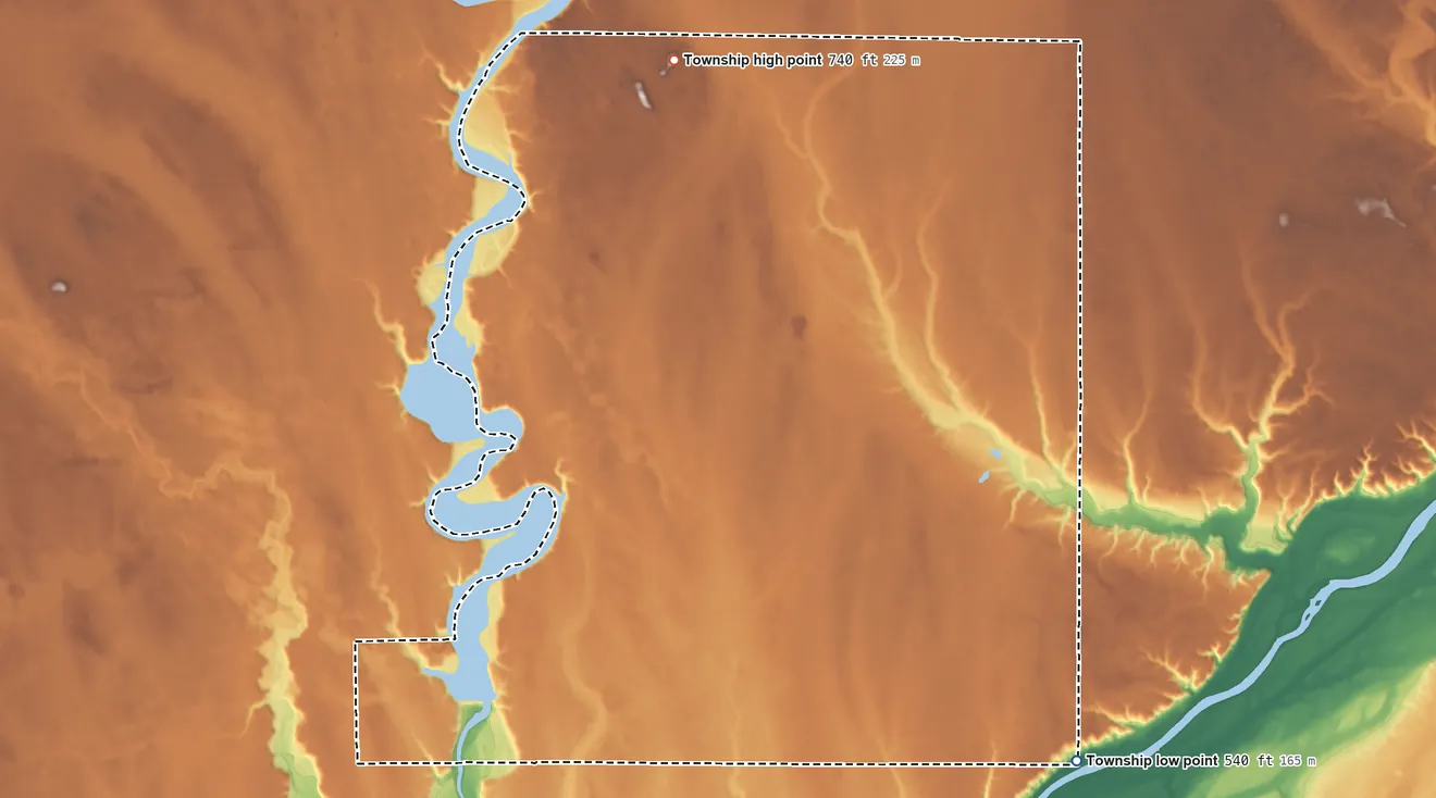 Topographic elevation map of Jefferson Township, Carroll County, Indiana, shaded from 540 ft on the southeast side to 740 ft on the north side