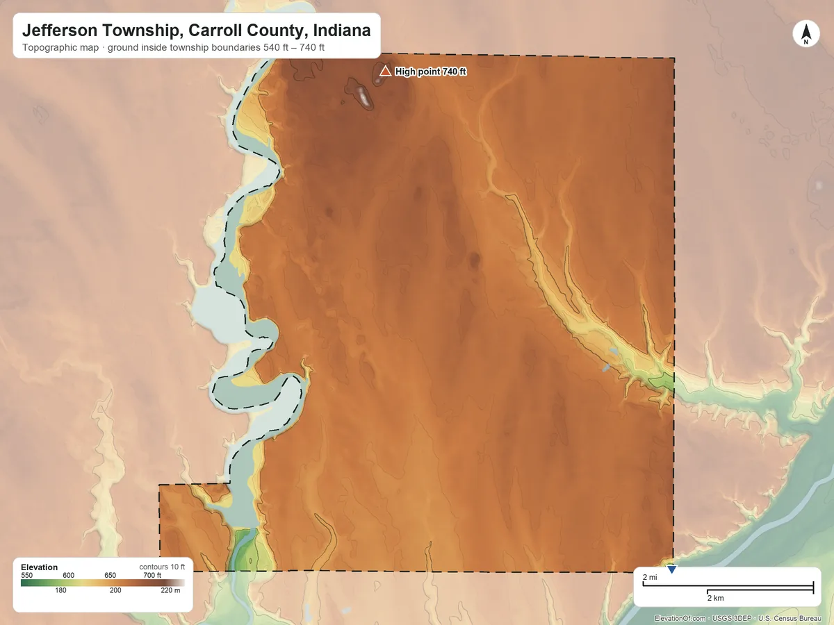 Topographic elevation map of Jefferson Township, Carroll County, Indiana, shaded from 540 ft on the southeast side to 740 ft on the north side