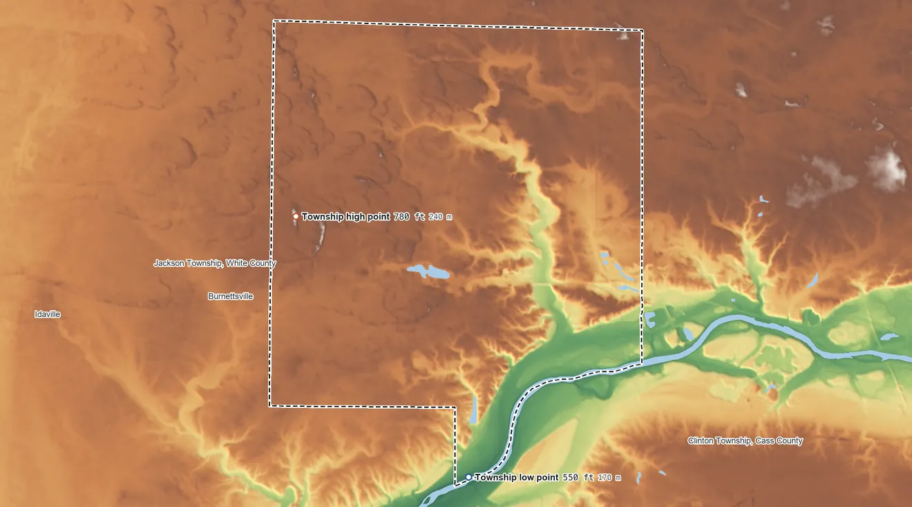 Topographic elevation map of Jefferson Township, Cass County, Indiana, shaded from 550 ft on the south side to 780 ft on the west side