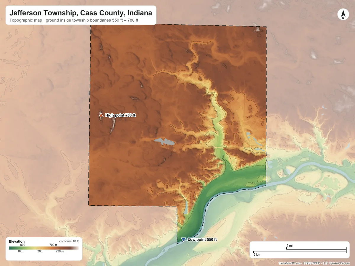 Topographic elevation map of Jefferson Township, Cass County, Indiana, shaded from 550 ft on the south side to 780 ft on the west side