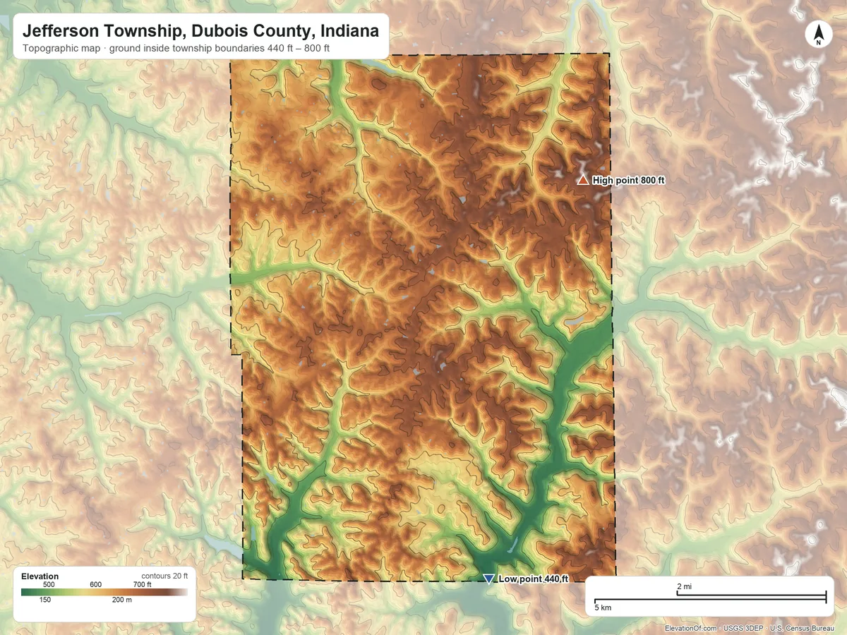 Topographic elevation map of Jefferson Township, Dubois County, Indiana, shaded from 440 ft on the south side to 800 ft on the northeast side