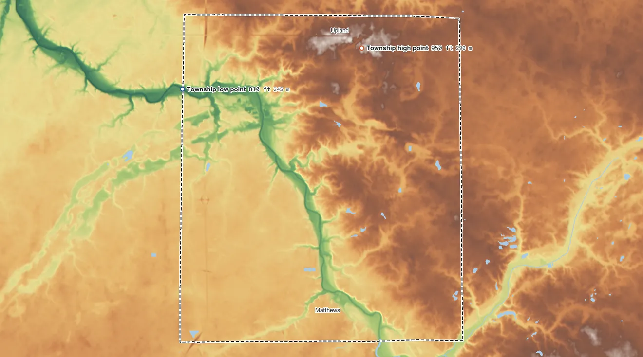 Topographic elevation map of Jefferson Township, Grant County, Indiana, shaded from 810 ft on the west side to 950 ft on the northeast side