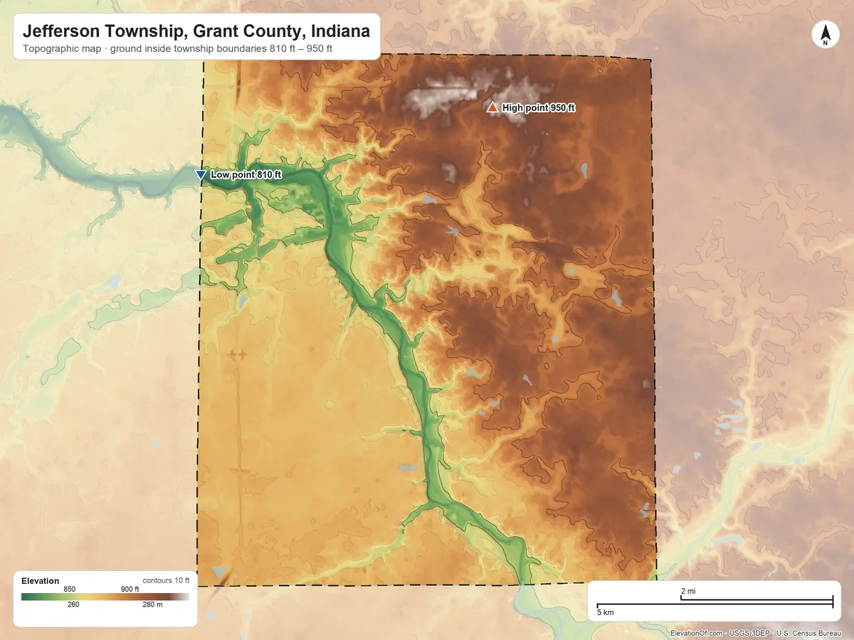 Topographic elevation map of Jefferson Township, Grant County, Indiana, shaded from 810 ft on the west side to 950 ft on the northeast side