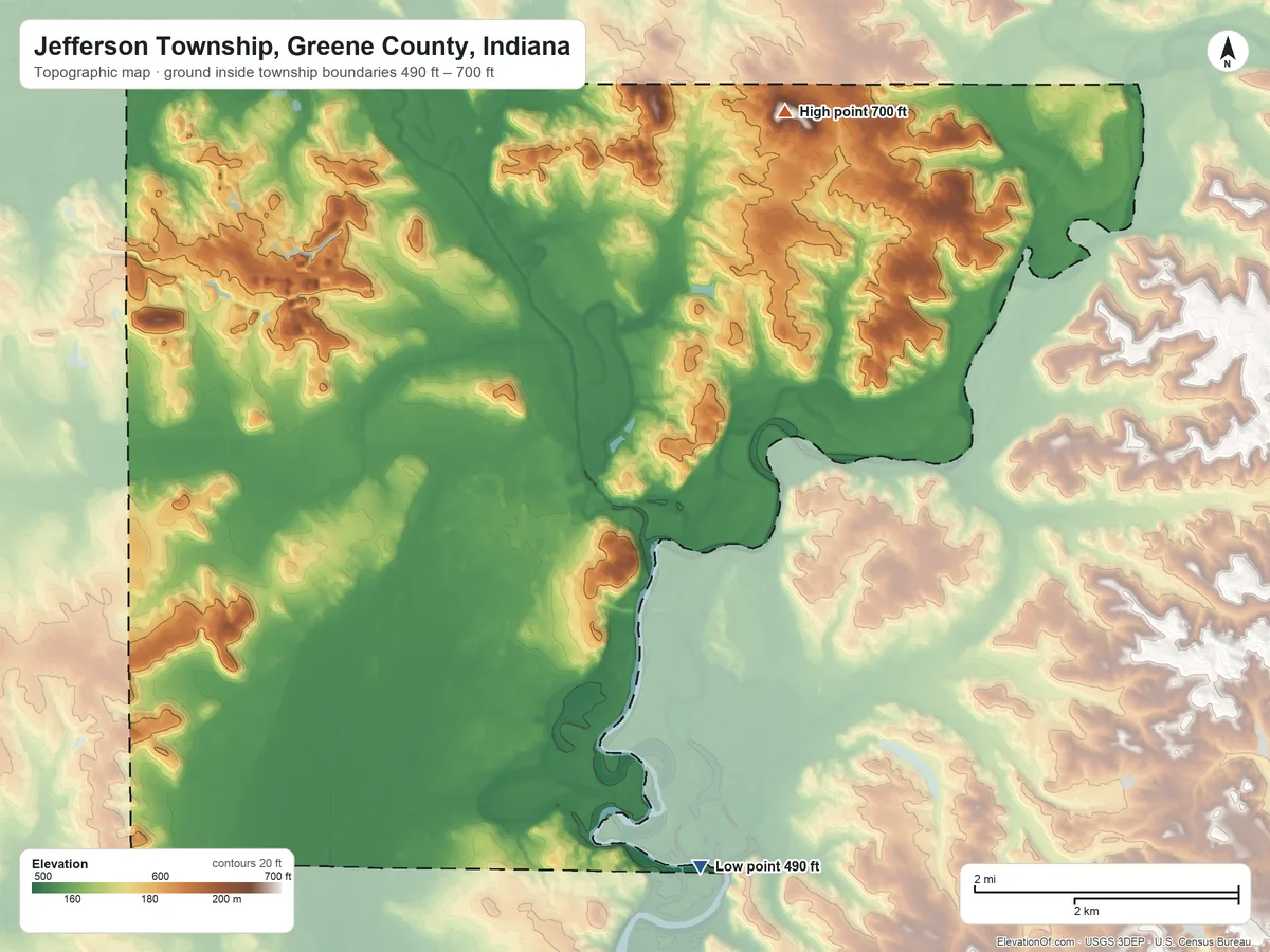 Topographic elevation map of Jefferson Township, Greene County, Indiana, shaded from 490 ft on the southeast side to 700 ft on the northeast side