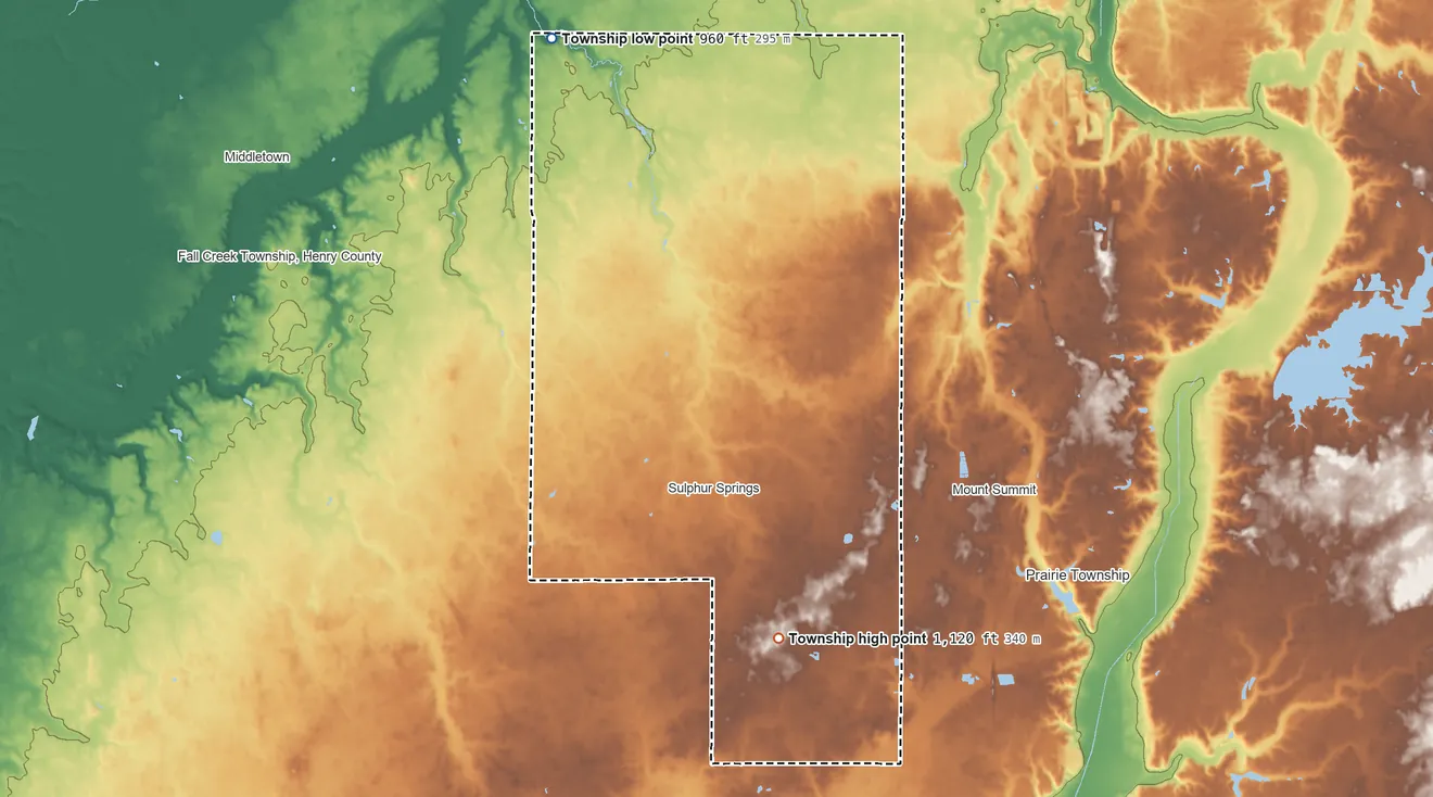 Topographic elevation map of Jefferson Township, Henry County, Indiana, shaded from 960 ft on the north side to 1,120 ft on the southeast side