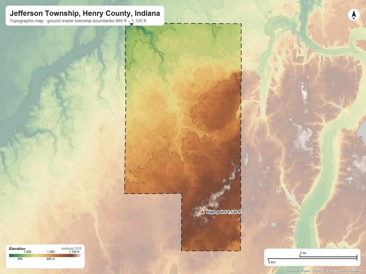 Topographic elevation map of Jefferson Township, Henry County, Indiana, shaded from 960 ft on the north side to 1,120 ft on the southeast side