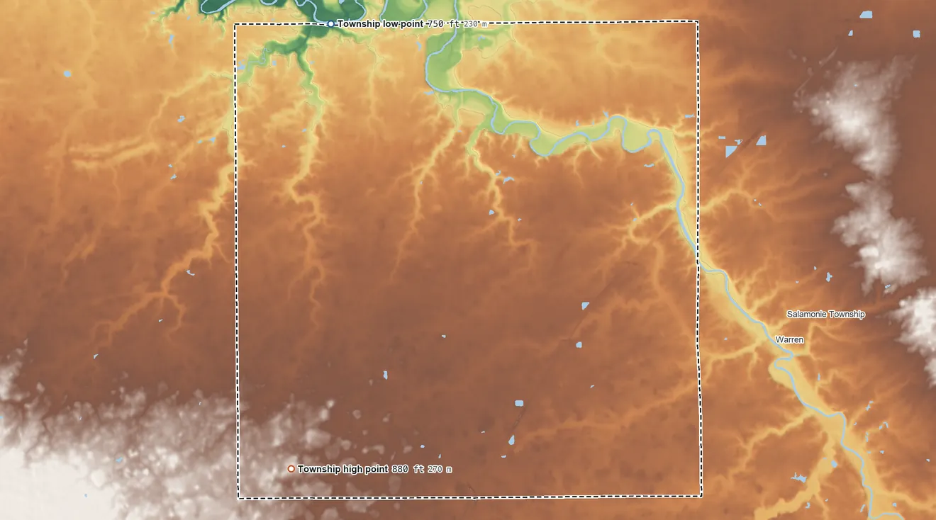 Topographic elevation map of Jefferson Township, Huntington County, Indiana, shaded from 750 ft on the northwest side to 880 ft on the southwest side
