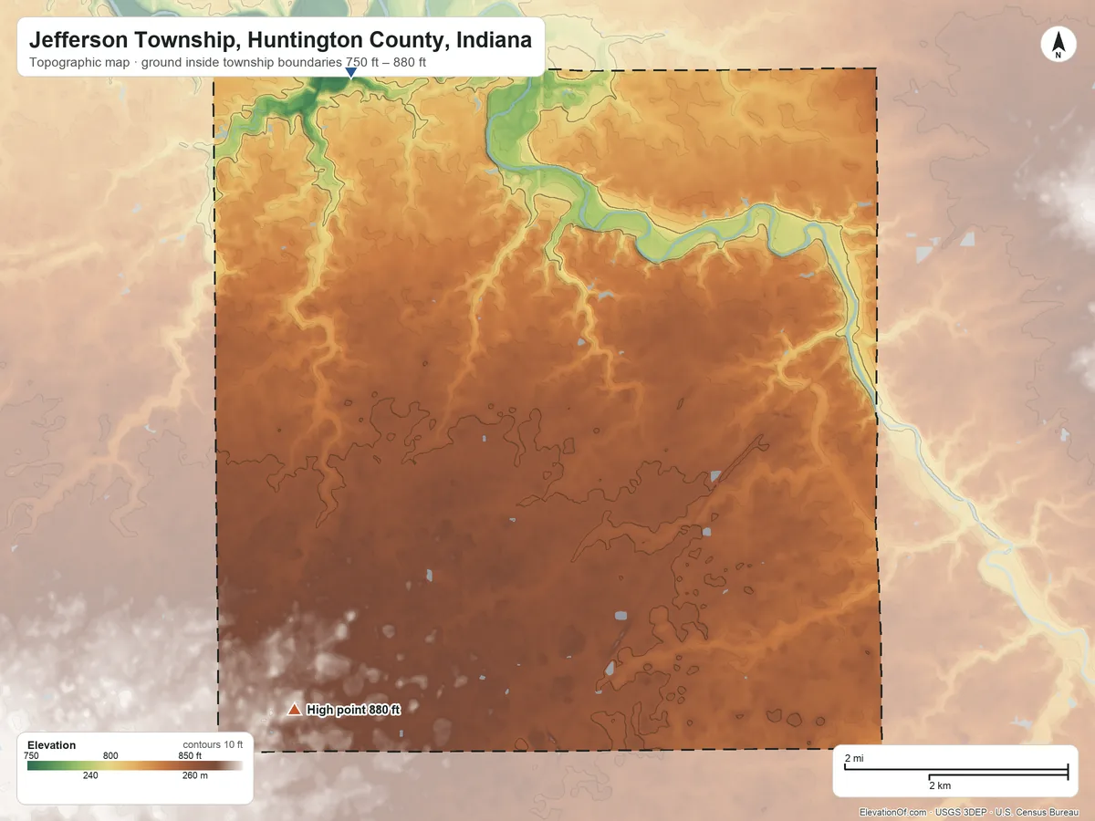 Topographic elevation map of Jefferson Township, Huntington County, Indiana, shaded from 750 ft on the northwest side to 880 ft on the southwest side
