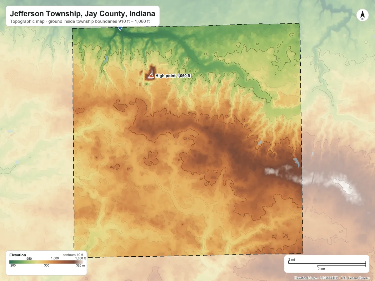 Topographic elevation map of Jefferson Township, Jay County, Indiana, shaded from 910 ft on the northwest side to 1,060 ft on the northwest side