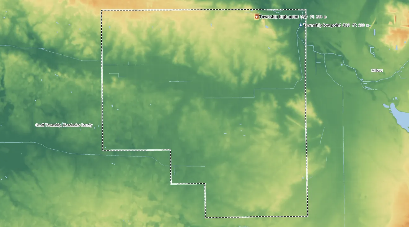 Topographic elevation map of Jefferson Township, Kosciusko County, Indiana, shaded from 810 ft on the east side to 930 ft on the northeast side