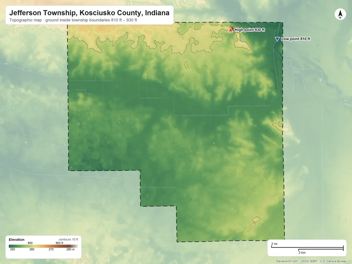 Topographic elevation map of Jefferson Township, Kosciusko County, Indiana, shaded from 810 ft on the east side to 930 ft on the northeast side
