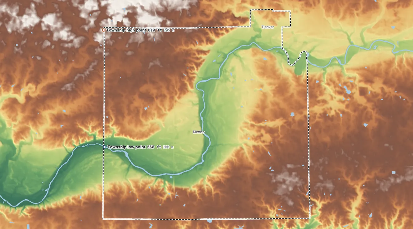 Topographic elevation map of Jefferson Township, Miami County, Indiana, shaded from 650 ft on the west side to 810 ft on the northwest side