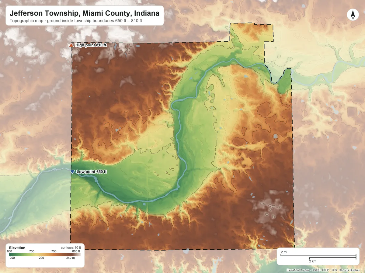 Topographic elevation map of Jefferson Township, Miami County, Indiana, shaded from 650 ft on the west side to 810 ft on the northwest side