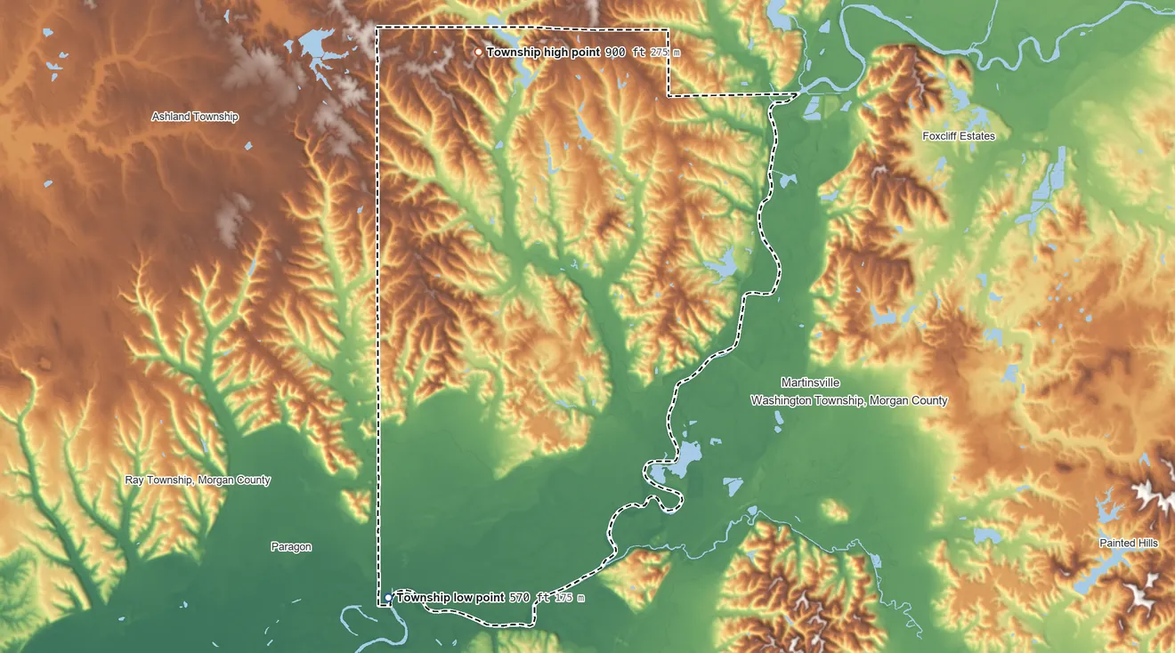 Topographic elevation map of Jefferson Township, Morgan County, Indiana, shaded from 570 ft on the southwest side to 900 ft on the northwest side