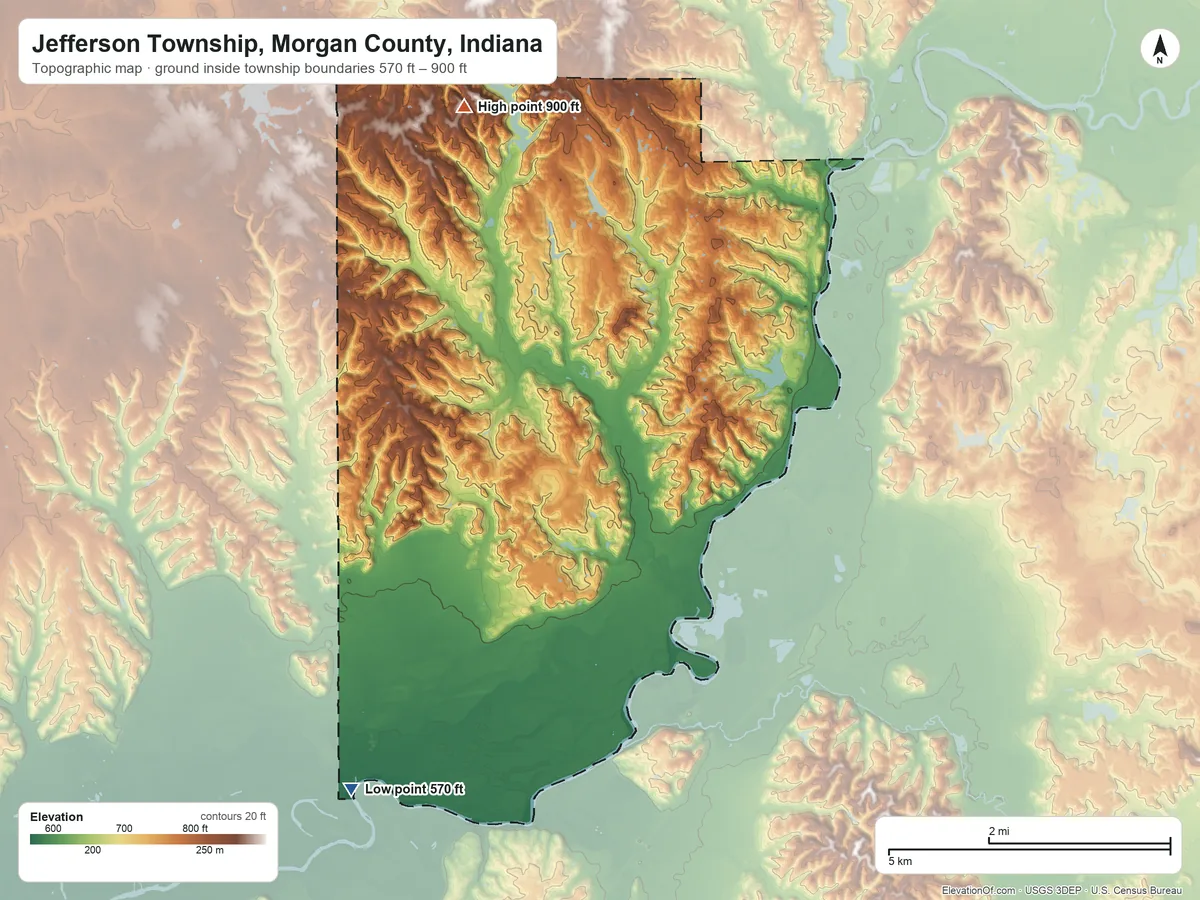 Topographic elevation map of Jefferson Township, Morgan County, Indiana, shaded from 570 ft on the southwest side to 900 ft on the northwest side
