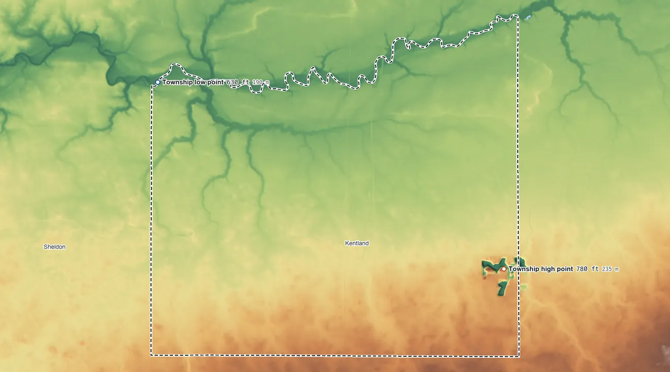 Topographic elevation map of Jefferson Township, Newton County, Indiana, shaded from 630 ft on the northwest side to 780 ft on the east side