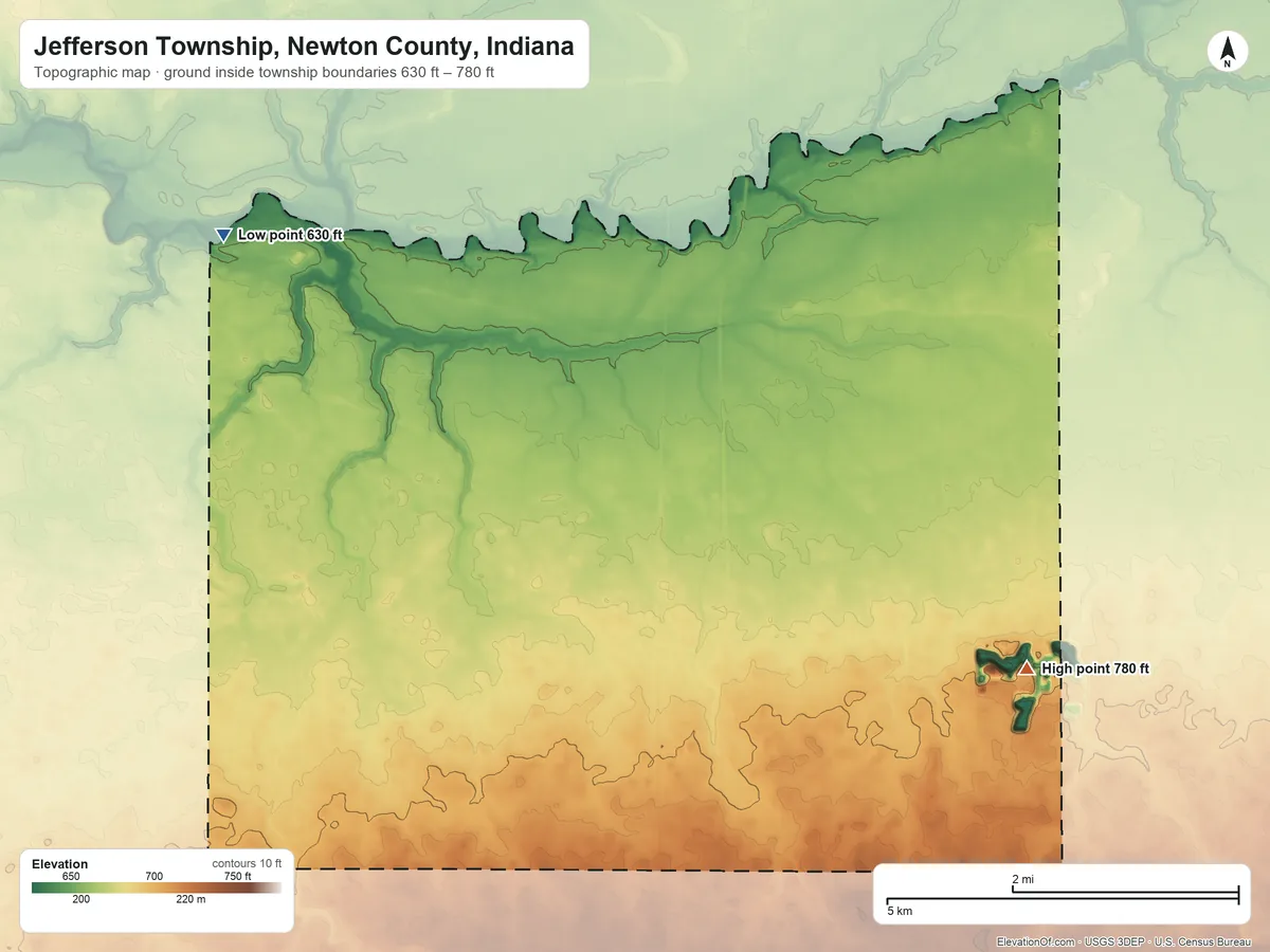 Topographic elevation map of Jefferson Township, Newton County, Indiana, shaded from 630 ft on the northwest side to 780 ft on the east side