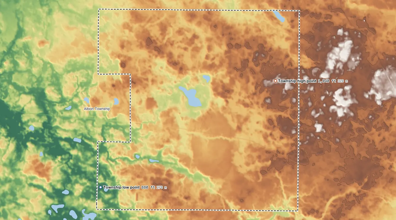 Topographic elevation map of Jefferson Township, Noble County, Indiana, shaded from 880 ft on the southwest side to 1,040 ft on the northeast side