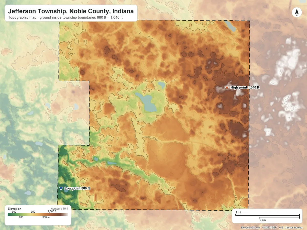 Topographic elevation map of Jefferson Township, Noble County, Indiana, shaded from 880 ft on the southwest side to 1,040 ft on the northeast side