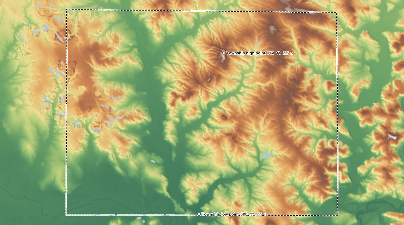Topographic elevation map of Jefferson Township, Owen County, Indiana, shaded from 500 ft on the south side to 740 ft on the north side