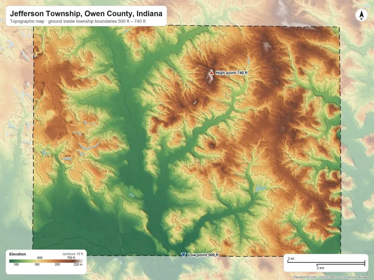 Topographic elevation map of Jefferson Township, Owen County, Indiana, shaded from 500 ft on the south side to 740 ft on the north side