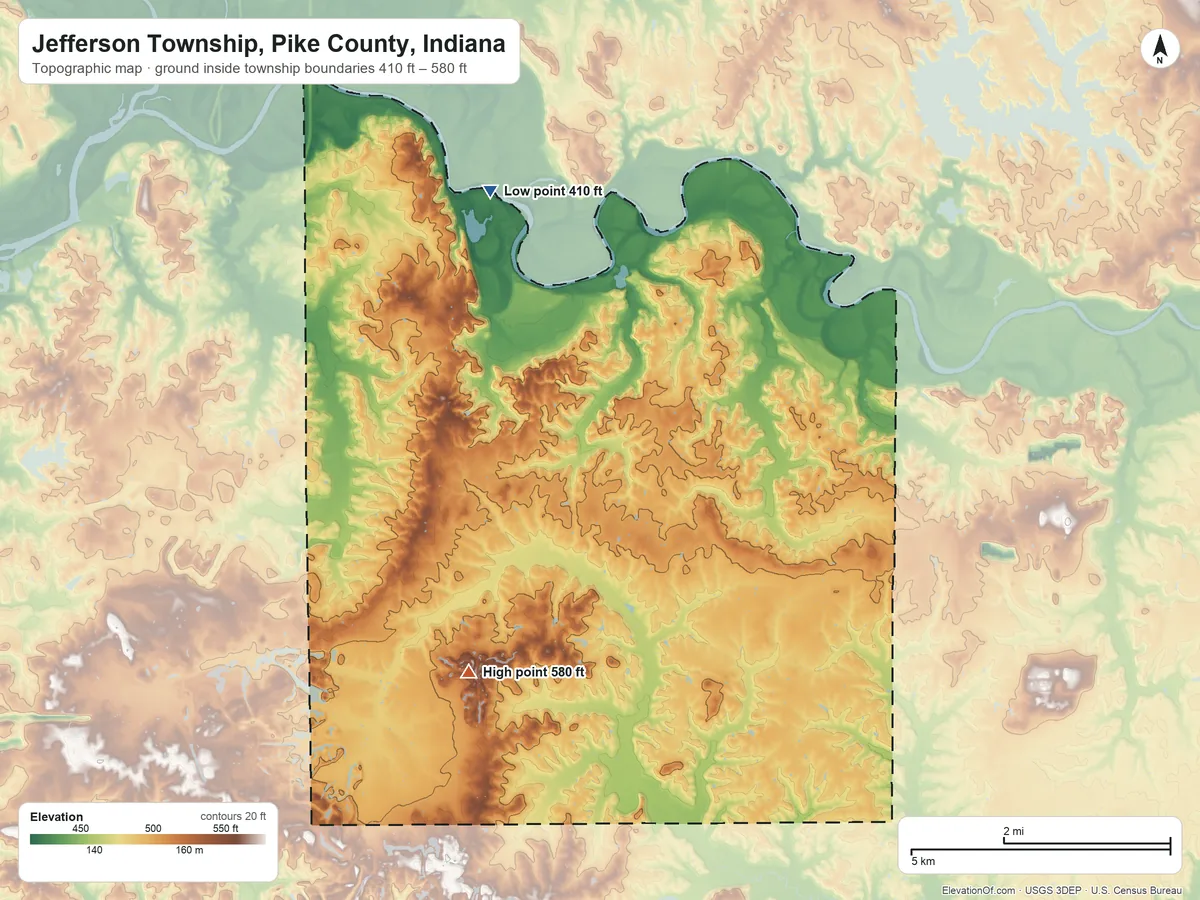 Topographic elevation map of Jefferson Township, Pike County, Indiana, shaded from 410 ft on the north side to 580 ft on the southwest side