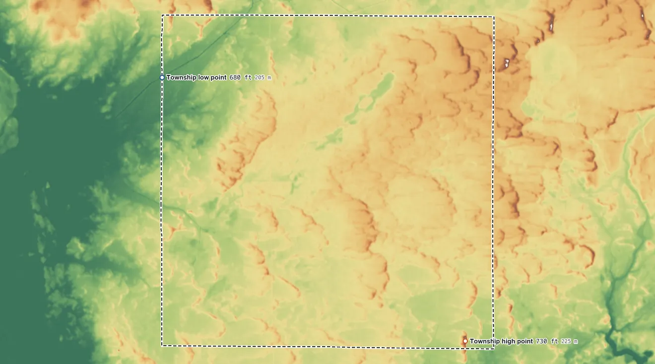 Topographic elevation map of Jefferson Township, Pulaski County, Indiana, shaded from 680 ft on the northwest side to 730 ft on the southeast side