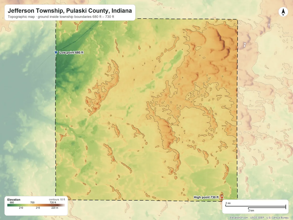 Topographic elevation map of Jefferson Township, Pulaski County, Indiana, shaded from 680 ft on the northwest side to 730 ft on the southeast side