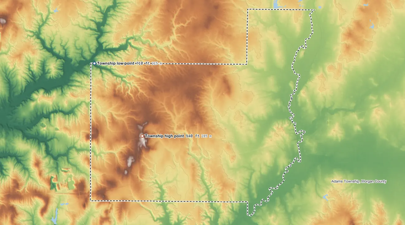 Topographic elevation map of Jefferson Township, Putnam County, Indiana, shaded from 710 ft on the northwest side to 940 ft on the west side