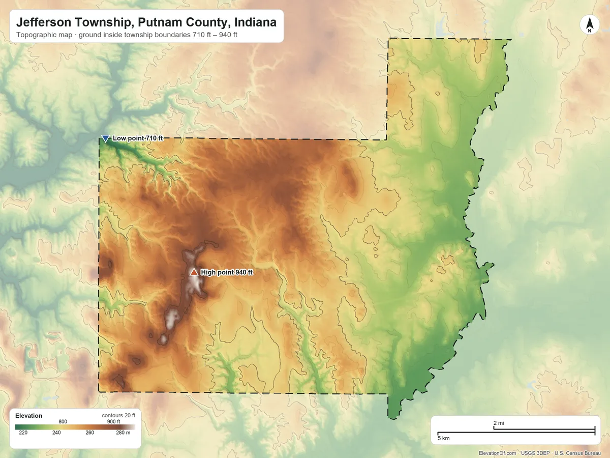 Topographic elevation map of Jefferson Township, Putnam County, Indiana, shaded from 710 ft on the northwest side to 940 ft on the west side
